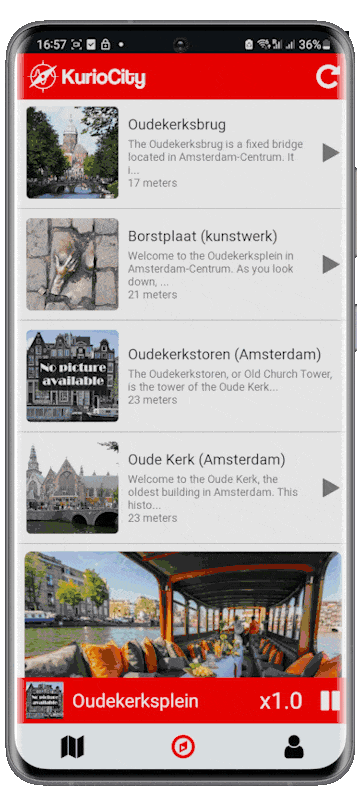 GIF showing the use of the KurioCity app with the examples of the Oudekerksbrug and Belle audioguides